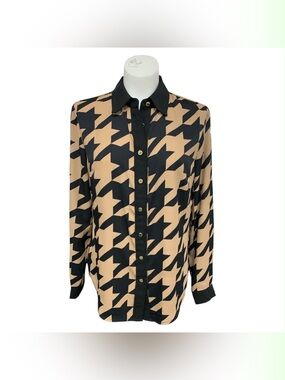 Anne Klein Black and Tan Houndstooth Button-Down Shirt Size S